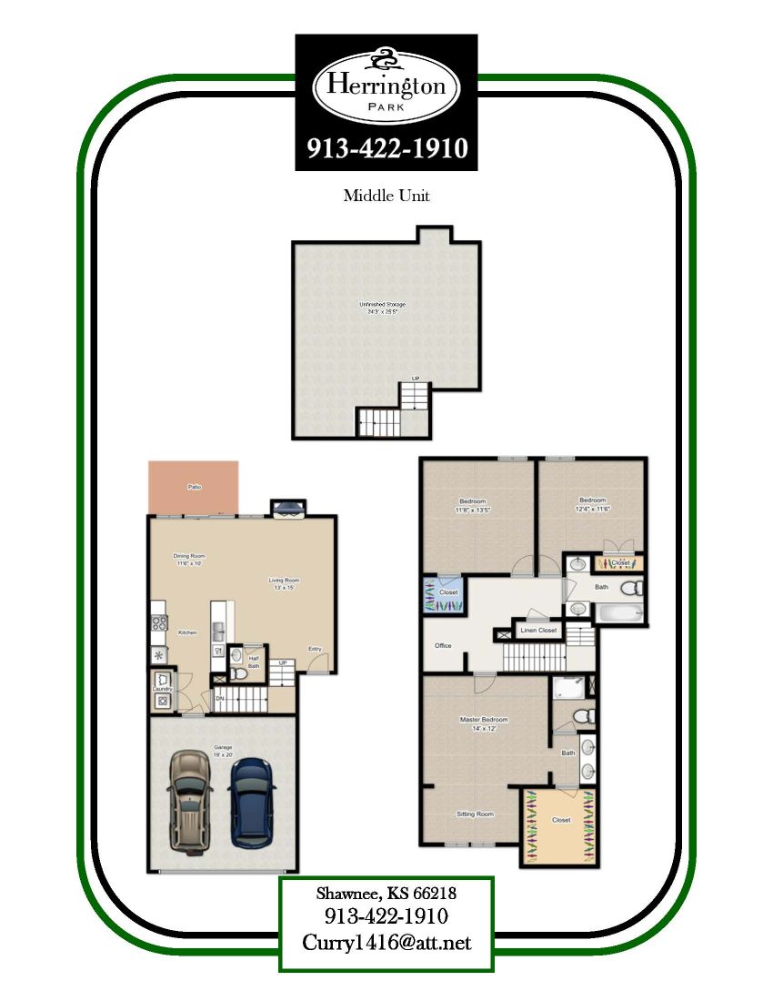 A floor plan for a property at Herrington Park with two units, one labeled Middle Unit and the other with a detailed layout including a garage and parking spaces.